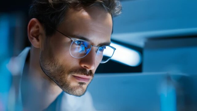 Focused young man with glasses working late at night in a modern office, illuminated by blue computer screen light. He is deeply concentrated on a digital project or coding task