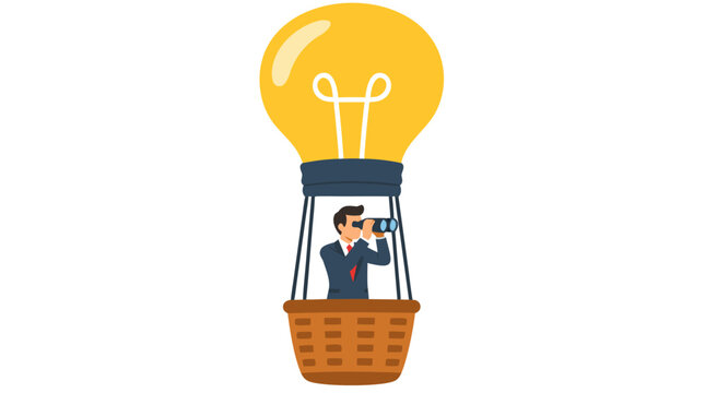 Smart businessman searching through binoculars from the basket of a flying yellow lightbulb hot air balloon, creative vector illustration isolated on an empty solid white background