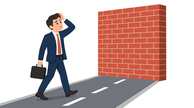 Confused businessman in a navy suit carrying a briefcase walking along an asphalt road toward a blocking red brick wall, career obstacle vector illustration isolated on white background