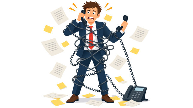 Overwhelmed businessman in a business suit tangled tightly in coiled telephone cords while holding two receivers amid flying notes, multitasking vector illustration on a plain white background