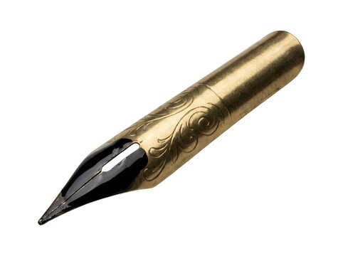 Elegant vintage gold fountain pen nib with intricate decorative engraving on transparent background.