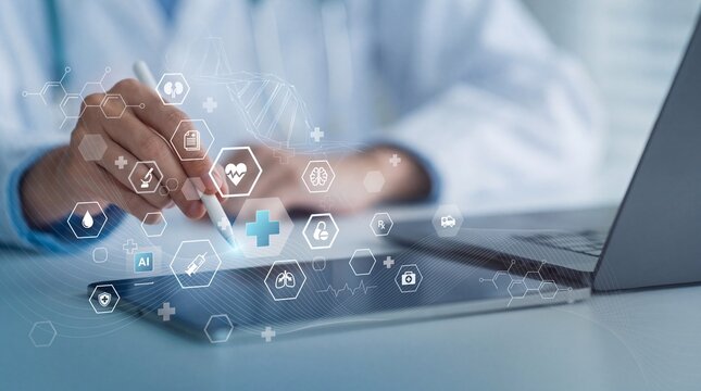 Doctor touching Dashboard health data, medical information, technology on network electronic folder document.