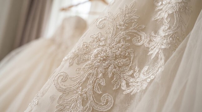 Close up of wedding dress with intricate white lace embroidery and beadwork bridal gown wedding fashion bride apparel fabric texture embroidery