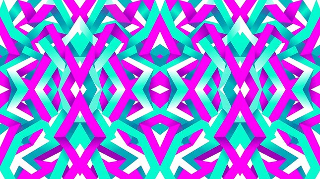 Vibrant 3D Abstract Geometric Pattern with Magenta and Teal Ribbons Intertwined on White Background, Modern Futuristic Design, Repeating Symmetrical Motif,.