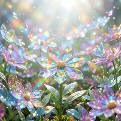 Obraz premium Dreamy Iridescent Crystal Flower Garden Radiating Ethereal Rainbow Light and Magical Sparkles in a Sunlit Fantasy Landscape