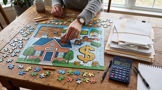 Person assembling a house themed puzzle with a dollar sign on a wooden desk real estate financial planning home ownership personal finance