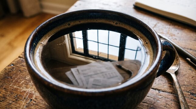 Black coffee in a mug with window reflection on the surface on a wooden table still life hot drink window pane office desk coffee cup reflection
