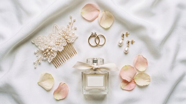 Wedding accessories with perfume bottle rings hair comb flower petals on white fabric rose petals wedding day golden rings bridal jewelry