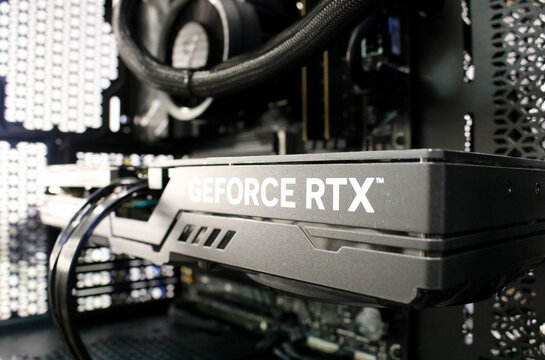 GeForce RTX graphics card shroud inside a desktop PC with liquid cooling