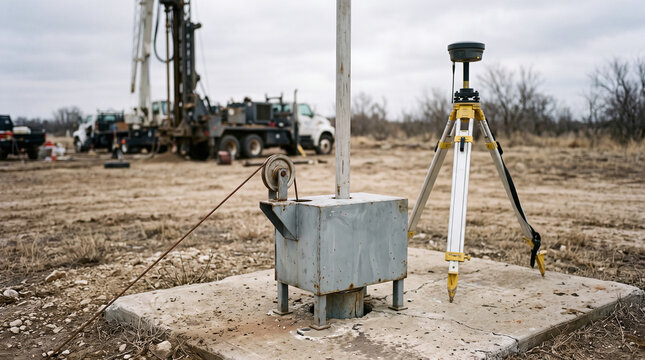 Borehole extensometer and GPS antenna monitoring land subsidence at a groundwater well site.
