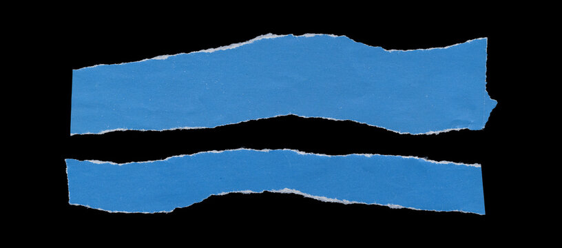 Set of two blue torn paper strips with long horizontal shapes, rough ripped edges, slight waviness, and lightly wrinkled surfaces arranged in parallel on black background