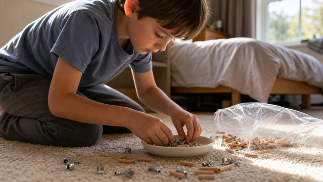 Young boy sorting wooden dowels and metal fittings into a saucer for furniture assembly on a bedroom carpet.