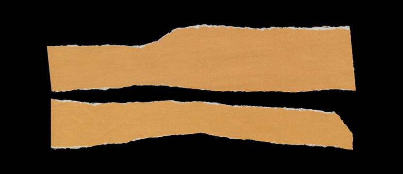 Set of two orange torn paper strips with long horizontal shapes, rough ripped edges, slight waviness, and lightly wrinkled surfaces arranged in parallel on black background