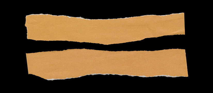 Set of two orange torn paper strips with long horizontal shapes, rough ripped edges, slight waviness, and lightly wrinkled surfaces arranged in parallel on black background