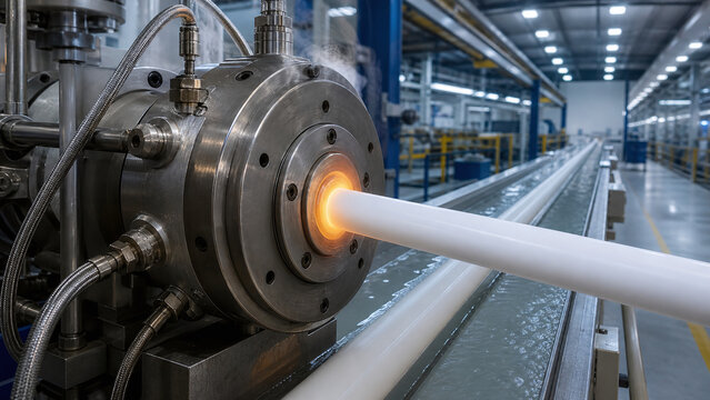 Industrial extruder machine applying white polymer insulation to a subsea power cable in a factory.