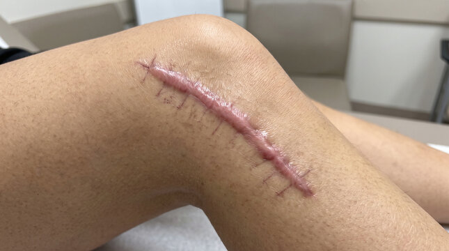 Hypertrophic scar on a healed knee surgical incision showing a raised pink ridge and suture marks.