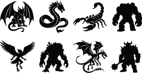 Fototapeta premium Halloween monster silhouette icon set featuring gargoyle demon, sea serpent dragon, giant scorpion, golem, harpy, yeti, skeleton dragon, and armored warrior