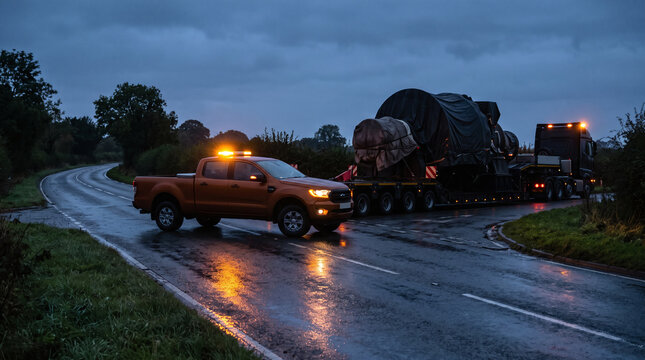 Orange escort vehicle with amber beacons leading an oversize load on a wet rural road at dusk