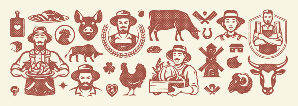 Rustic farm local food label engraving silhouette seal stamp print vector illustration elements provide agricultural brands traditional woodcut packaging assets in retro grunge texture