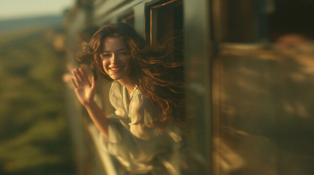 Waving Goodbye, Embracing the Journey: A woman with flowing hair smiles and waves from the window of a moving train, her gaze turned towards the viewer, embodying the spirit of adventure and farewell.