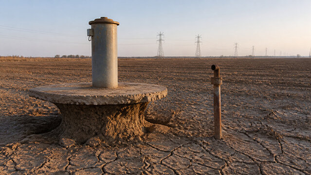 Steel well casing and concrete apron standing above cracked earth caused by land subsidence in an agricultural field.
