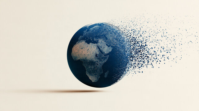 Dismantling Earth: A symbolic representation of the Earth dissolving into particles, illustrating concepts of environmental decay, global warming, or the fragility of our planet.