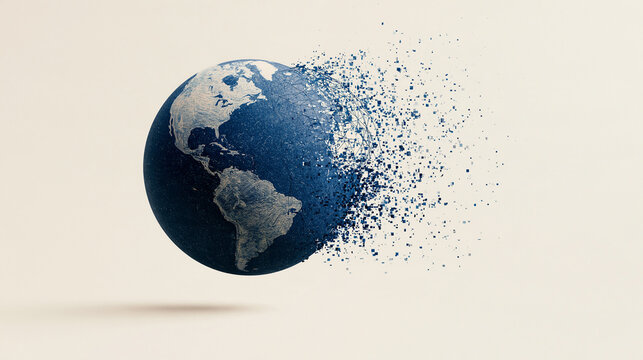 Fragile Earth: A planet Earth disintegrating into small particles, symbolizing environmental degradation and the urgent need for conservation.