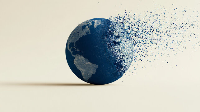 Earth Shattering: A conceptual image of planet Earth dissolving into countless particles, symbolizing environmental decay and the fragility of our world.