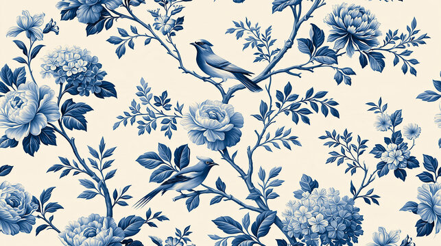 Blue Floral Wallpaper with Birds: An elegant seamless pattern featuring blue floral motifs and delicate birds perched on branches, evoking a classic and timeless aesthetic.