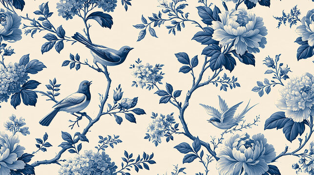 Blue and White Chinoiserie Pattern: A delicate Chinoiserie-inspired seamless pattern featuring charming blue birds perched on branches amidst blooming peonies and lush foliage.