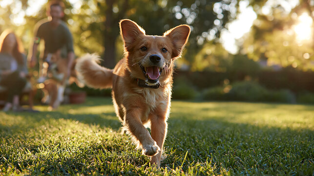 Joyful Canine Caper: A cheerful dog with bright eyes and a wagging tail runs towards the camera across a sun-drenched grassy lawn, with blurred figures of people in the background.