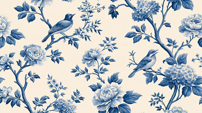Blue and White Floral Bird Pattern: An elegant blue and white Chinoiserie pattern features delicate birds perched on branches adorned with blossoms and leaves.