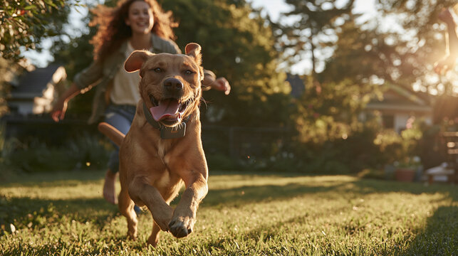 Joyful Encounter: A happy child runs through a sun-drenched garden, a playful dog bounding alongside, creating a scene of pure, unadulterated happiness and freedom.