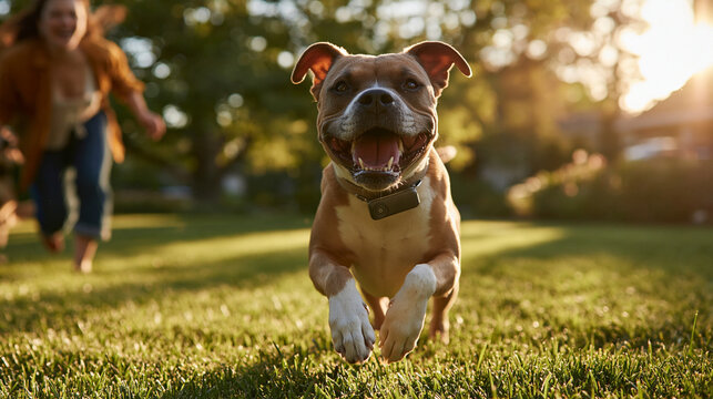 Joyful Canine Companion: A happy pitbull-mix dog with a wide smile and floppy ears runs towards the camera on a sun-drenched lawn, a young child in the background sharing in the outdoor fun.