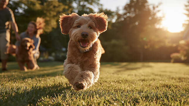 Joyful Golden Retriever Puppy: A happy, energetic golden retriever puppy joyfully runs towards the camera on a sun-drenched lawn, with two people and another dog in the blurred background.
