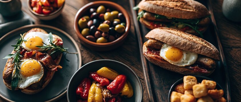 Traditional Spanish almuerzo featuring a crusty baguette sandwich filled with sausage, bacon, and fried egg, served alongside olives, patatas bravas, and tapas.