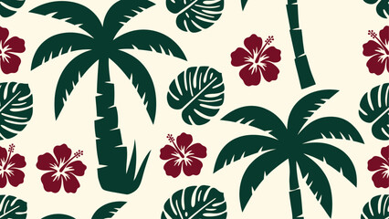 Seamless tropical pattern featuring dark green palm trees, monstera deliciosa leaves, and dark red hibiscus flowers on a light cream background  suitable for textiles and summer designs. © Robich Art