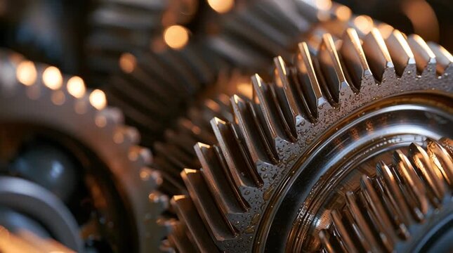 Industrial engineering and mechanical innovation concept close-up of rotating metal gears in a transmission system macro shot with cinematic bokeh