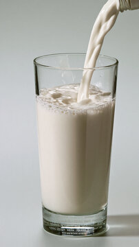 Milch wird in ein Glas gegossen vor hellgrauem Hintergrund