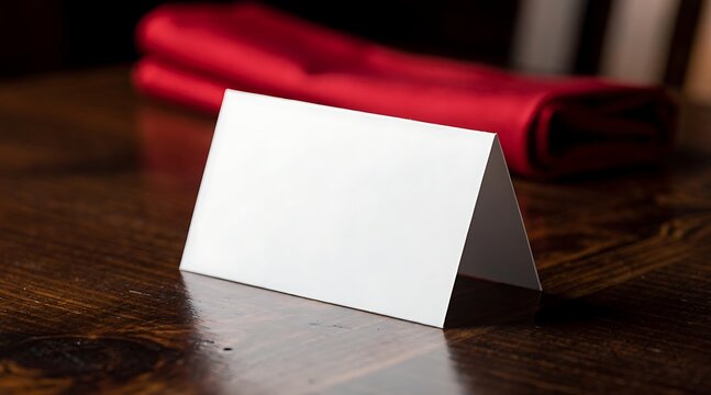 Blank white folded tent card mockup on a rustic wooden dining table with a red napkin in the background, perfect for wedding seating arrangements, restaurant reservations, or name place cards.