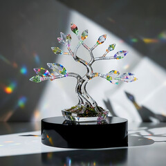 Obraz premium Crystal bonsai tree figurine with colorful prismatic light reflections and sparkling facets on black stand