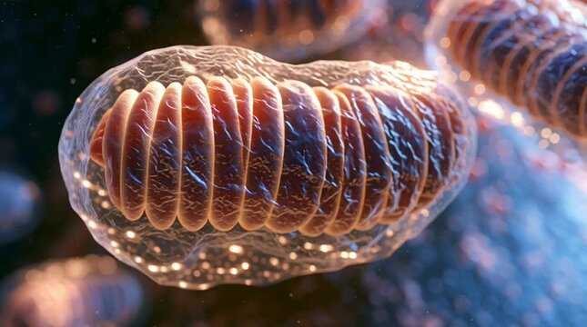Cellular energy and biology concept mitochondria organelles inside a living cell microscopic 3d animation of biological energy production