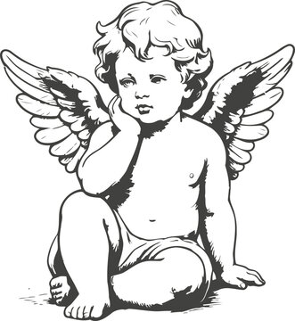 Vintage cherub angel sitting with hand on cheek, detailed black and white illustration