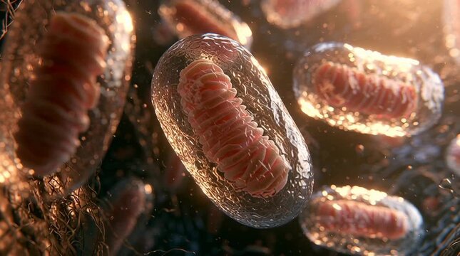 Cellular energy and biology concept mitochondria organelles floating inside a human cell microscopic 3d animation of biological life processes