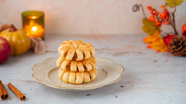 Fall pastry banner, baked apple wreaths with seasonal decor