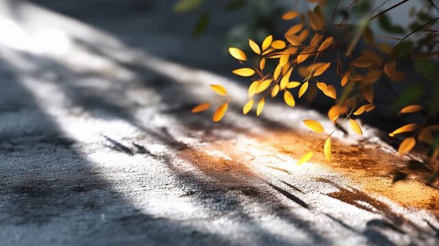 Conceptual shadow light on concrete showcasing autumn yellow leaf patterns casting warm natural beauty in outdoor scenes