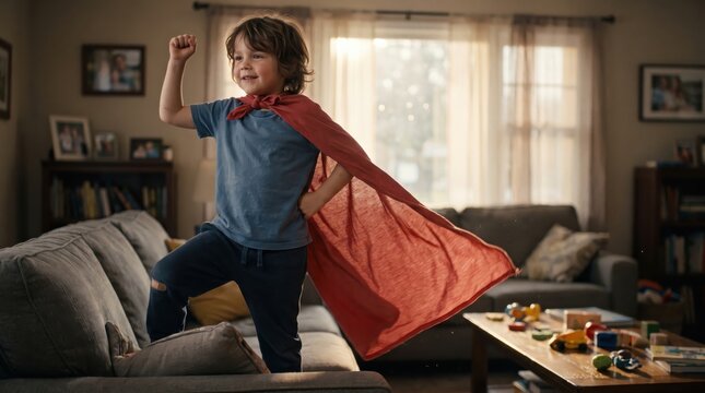 Child in red cape striking heroic pose on sofa with raised fist in cozy living room, imaginative dress up and playful childhood scene indoors