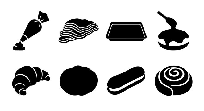 Bakery Icons Set: Pastry, Croissant, Donut, Eclair, Baking Tools, Sweet Treats Vector Graphics