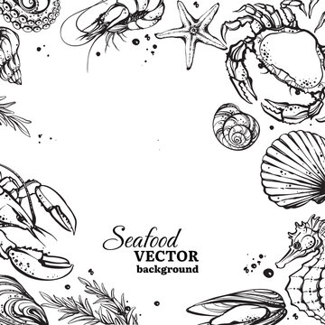 Square black and white seafood background with copy space, contour lobster, crab and seashells. Monochrome marine life line art banner template isolated vector illustration.