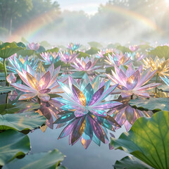 Obraz premium Magical holographic water lilies glowing on a misty pond beneath a vibrant rainbow in serene nature